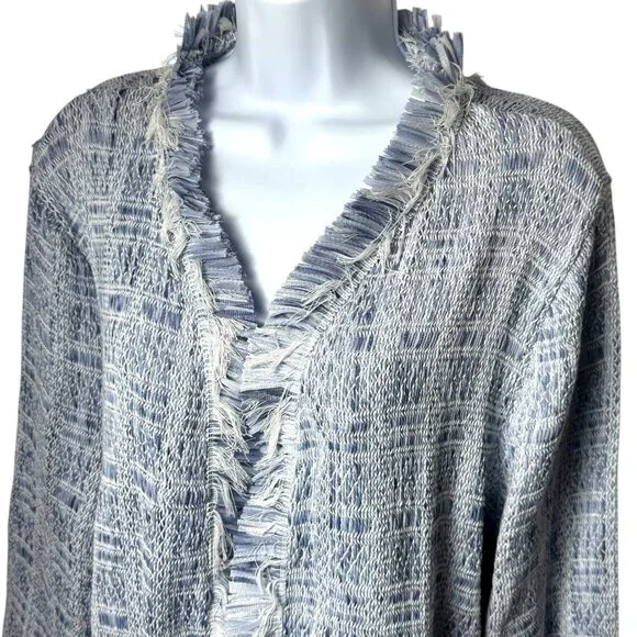 NEW WHBM Blue Tweed‎ Fringe Open Front Jacket Old Money Career Preppy XL